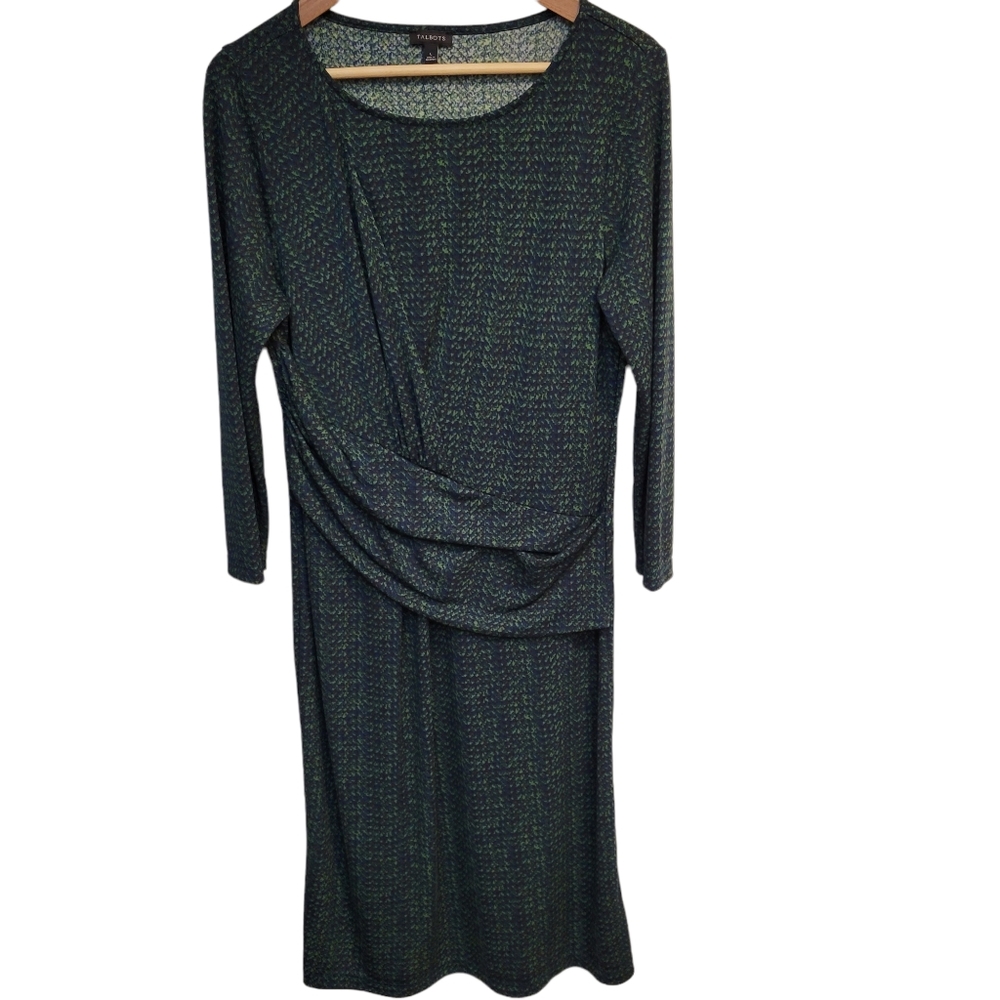 Talbots Dark Green Tweed Print Jersey Dress L Ruched Wrap Top 3/4 Sleeves